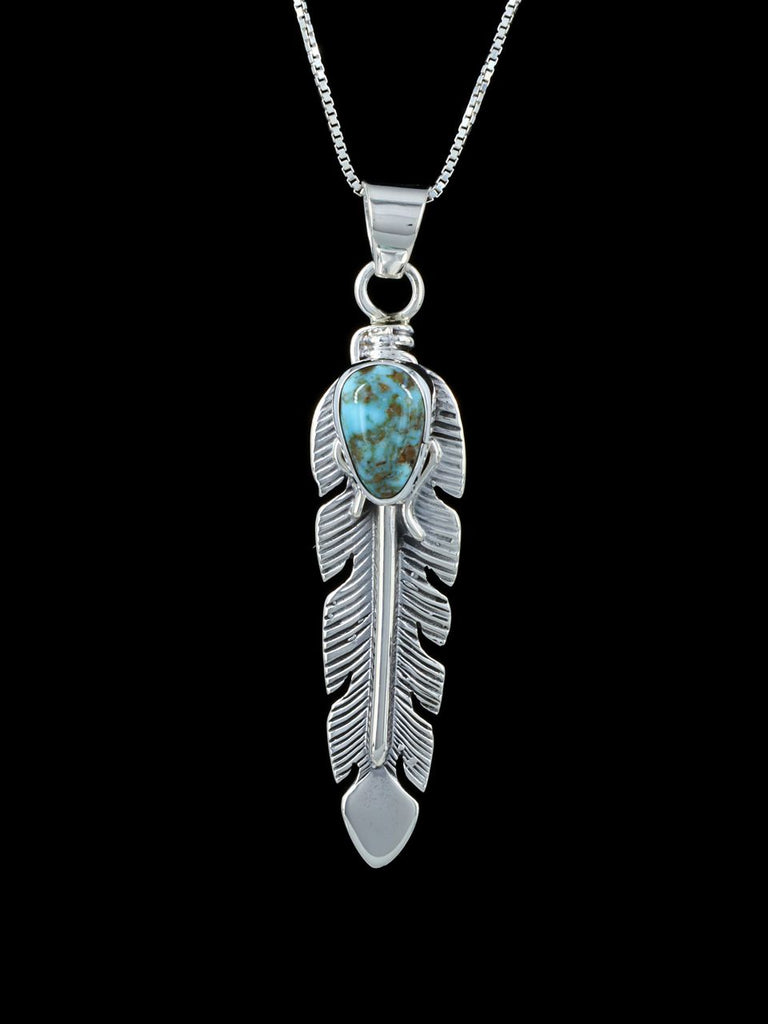 Navajo Sterling Silver Dry Creek Turquoise Feather Pendant - PuebloDirect.com