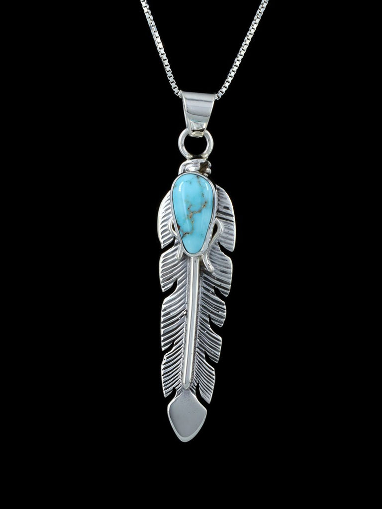 Navajo Sterling Silver Dry Creek Turquoise Feather Pendant - PuebloDirect.com