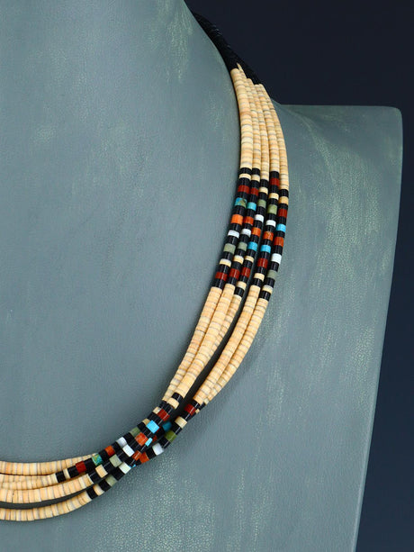 Native American Santo Domingo Shell Heishi Five Strand Necklace