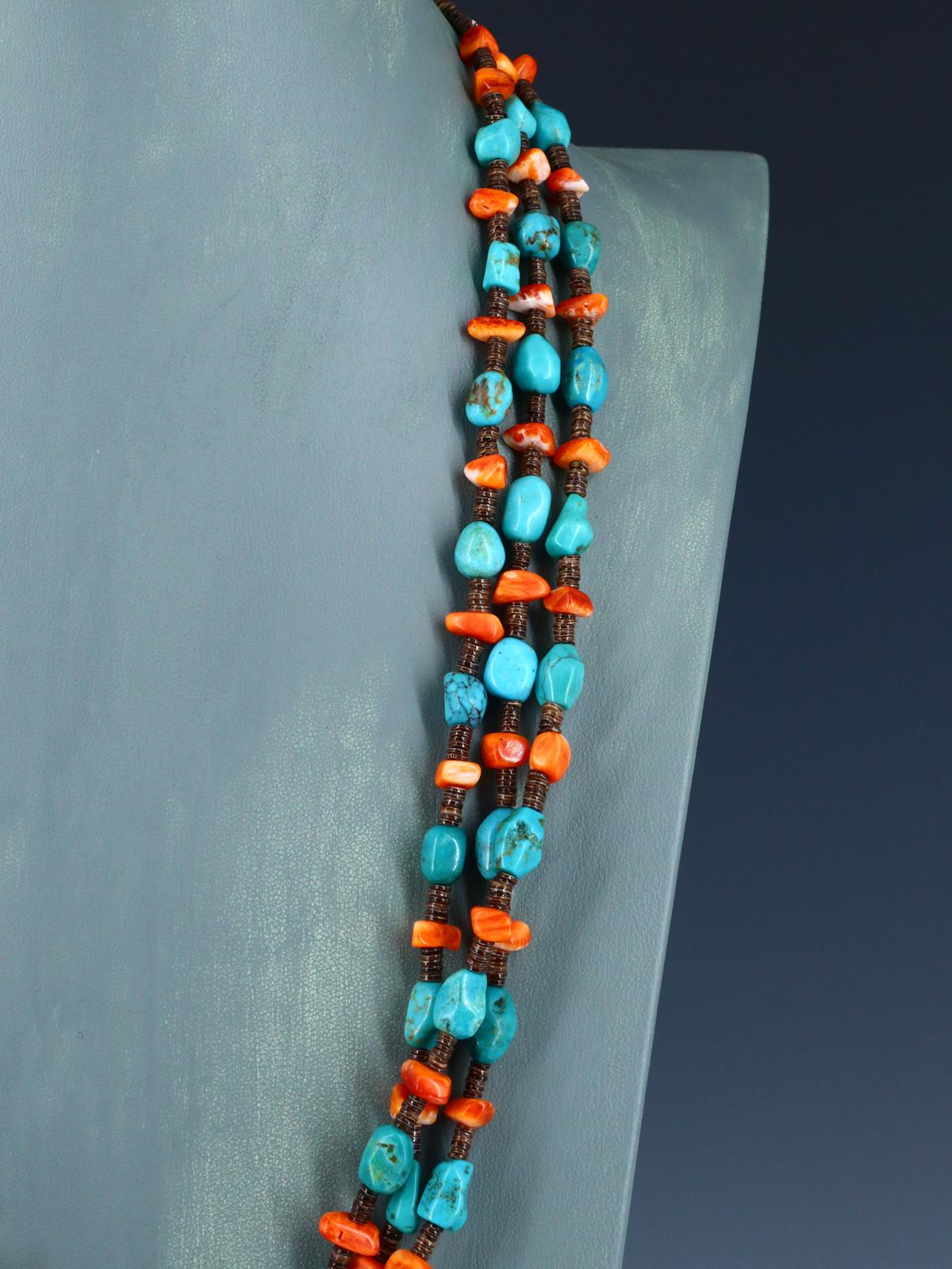 Native American Spiny Oyster and Turquoise Triple Strand Necklace