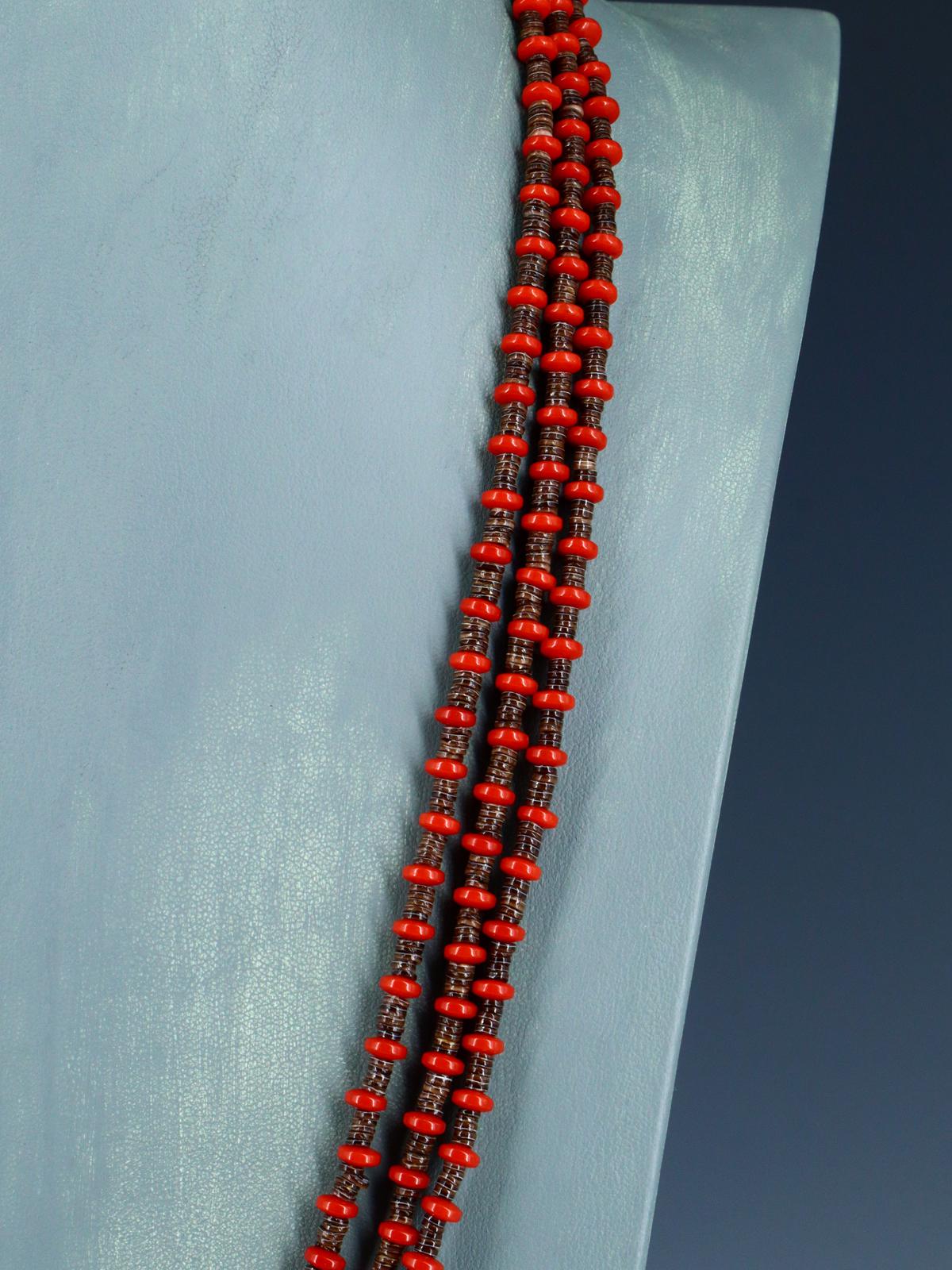 Native American Coral Heishi Multi Strand Necklace
