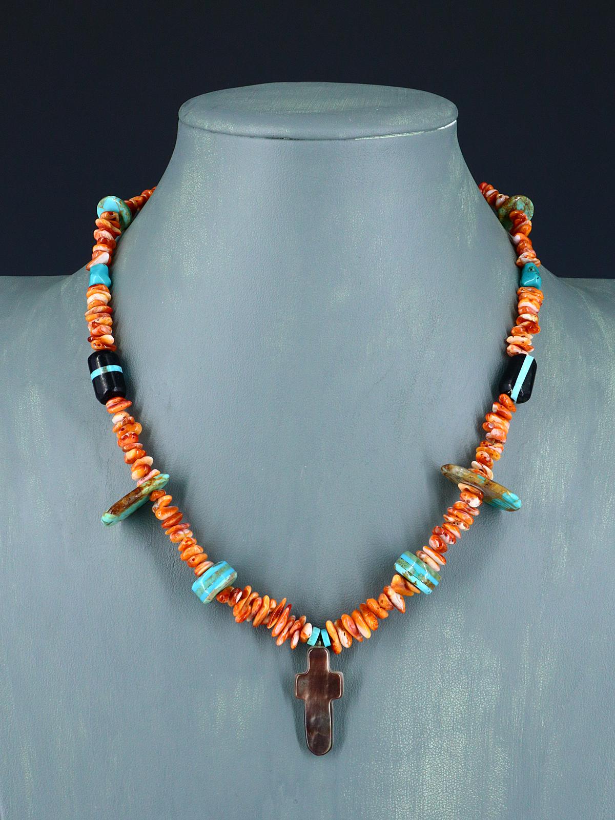Native American Spiny Oyster Mosaic Cross Single Strand Necklace