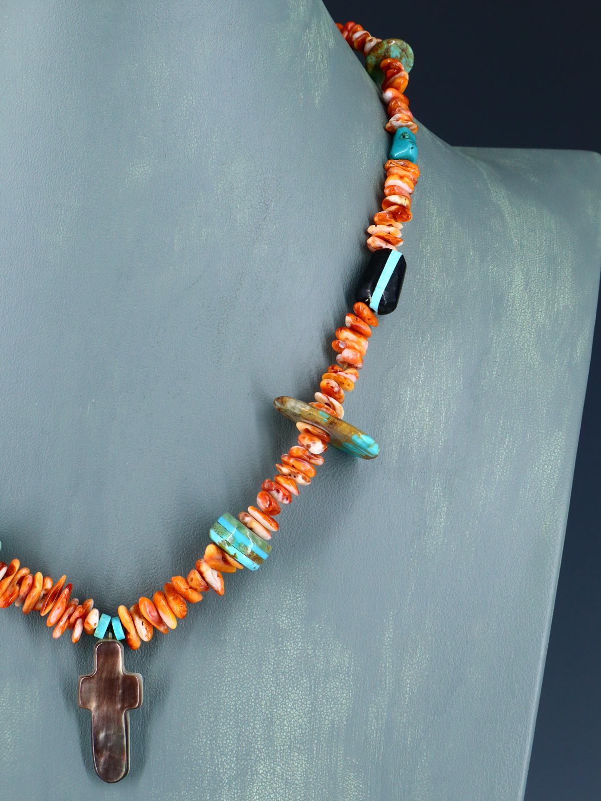 Native American Spiny Oyster Mosaic Cross Single Strand Necklace