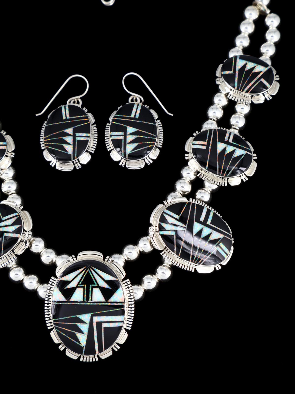 Navajo Jewelry Onyx and Opalite Inlay Necklace and Earrings Set