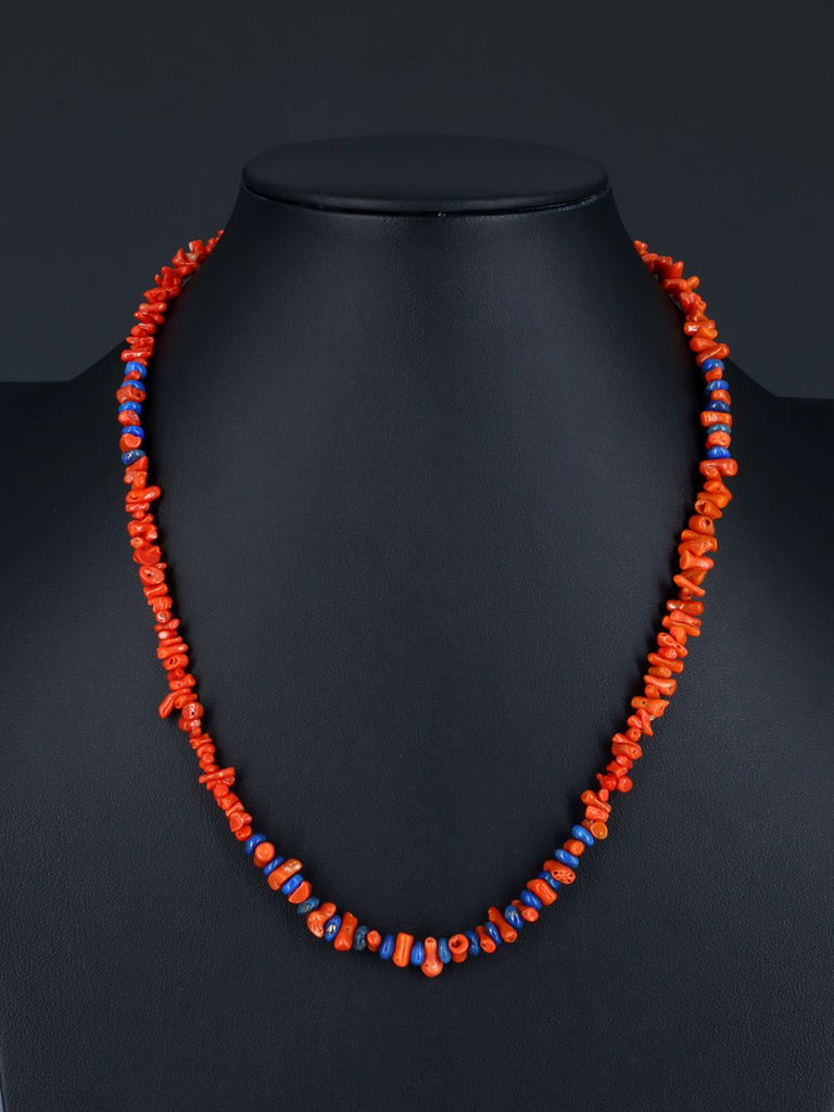 Native American Single Strand Lapis and Apple Coral Necklace - PuebloDirect.com