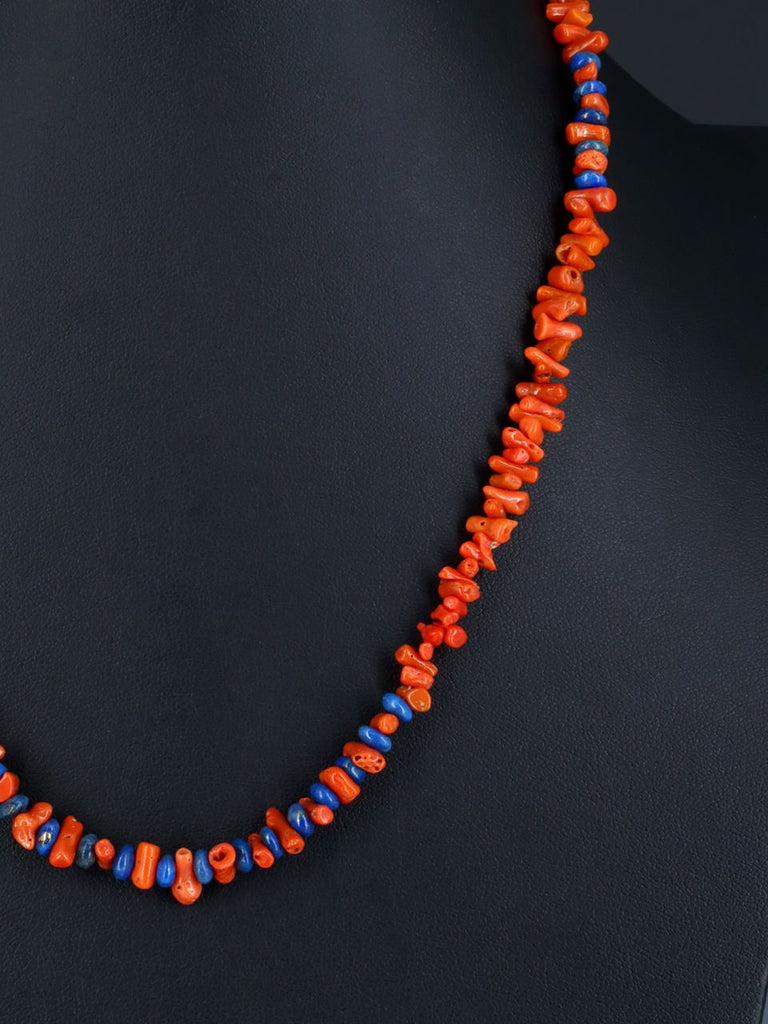Native American Single Strand Lapis and Apple Coral Necklace - PuebloDirect.com