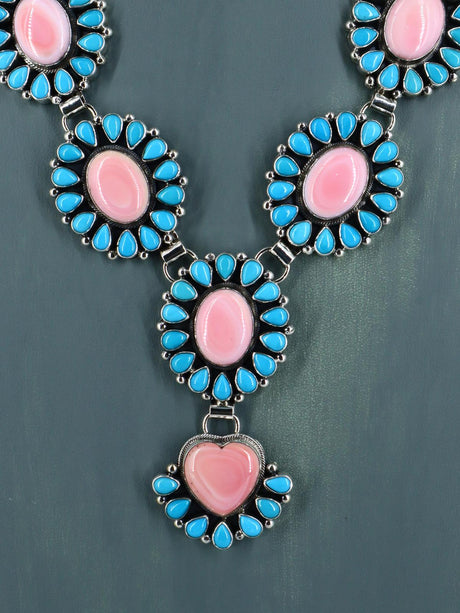 Navajo Jewelry Pink Conch Heart and Sleeping Beauty Turquoise Lariat Necklace
