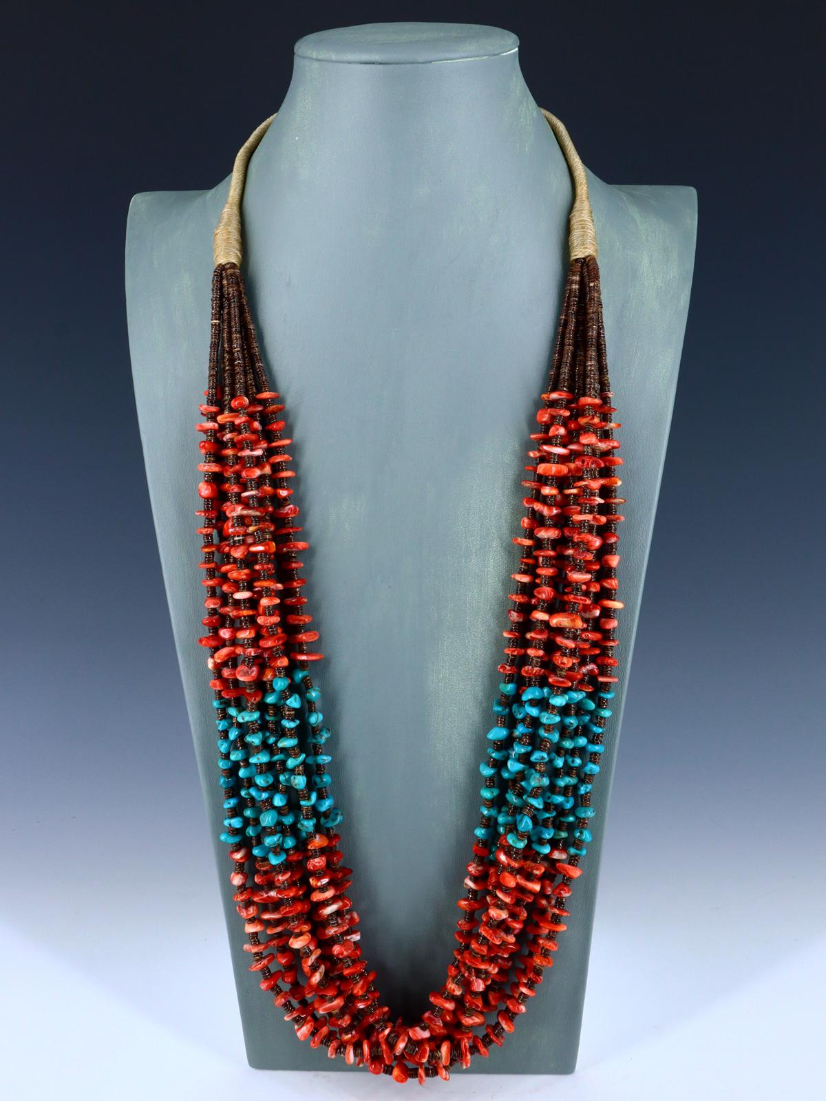 Native American Jewelry Turquoise and Spiny Oyster Eight Strand Necklace - PuebloDirect.com