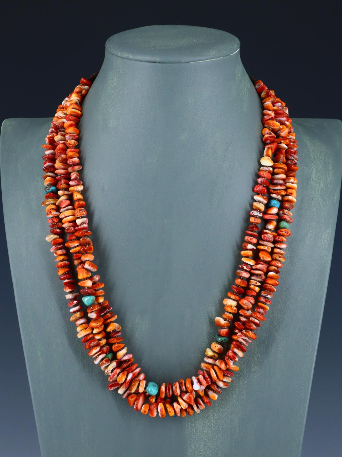 Native American Turquoise and Spiny Oyster Three Strand Necklace