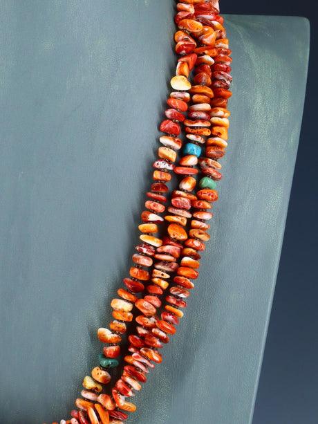 Native American Turquoise and Spiny Oyster Three Strand Necklace