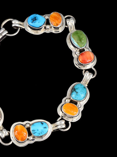 Native American Turquoise and Spiny Oyster Sterling Silver Link Bracelet