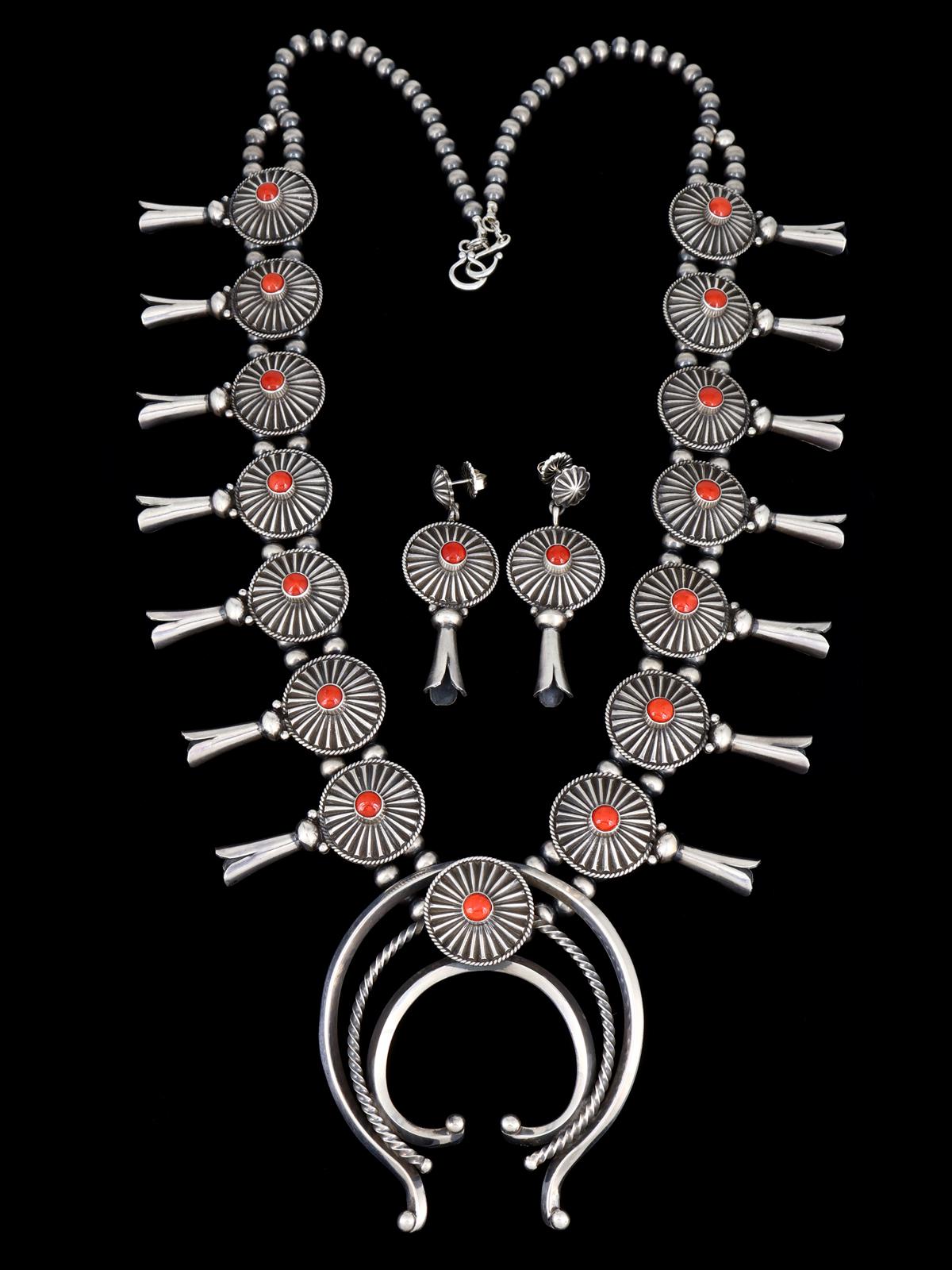 Native American Sterling Silver Red Coral Squash Blossom Necklace Set - PuebloDirect.com