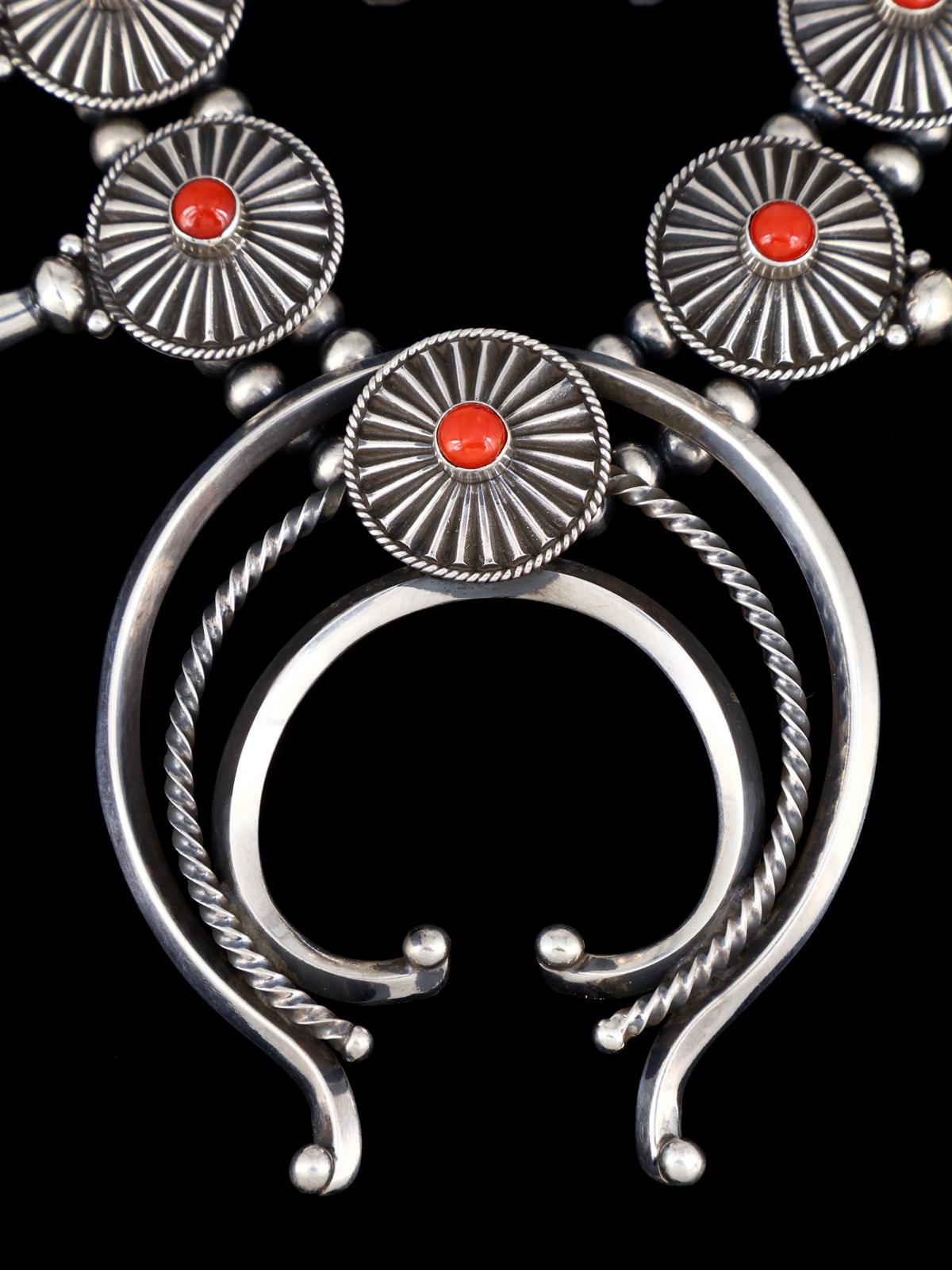Native American Sterling Silver Red Coral Squash Blossom Necklace