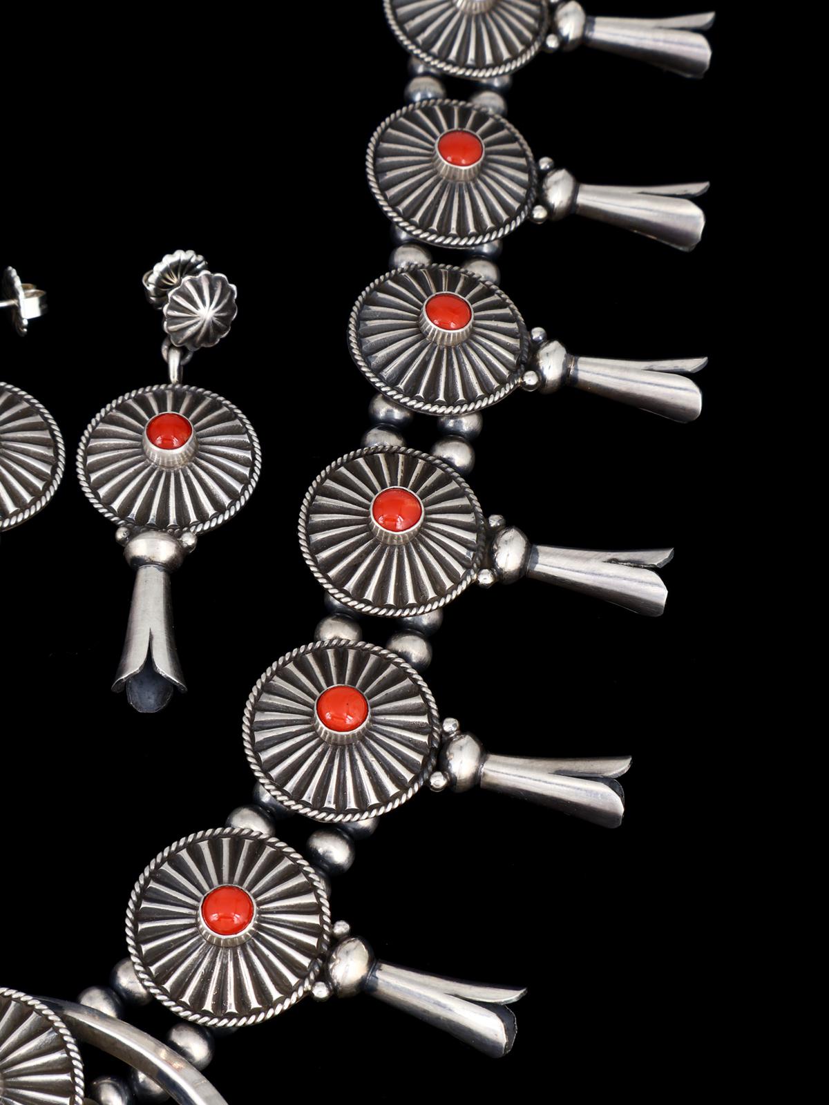 Native American Sterling Silver Red Coral Squash Blossom Necklace