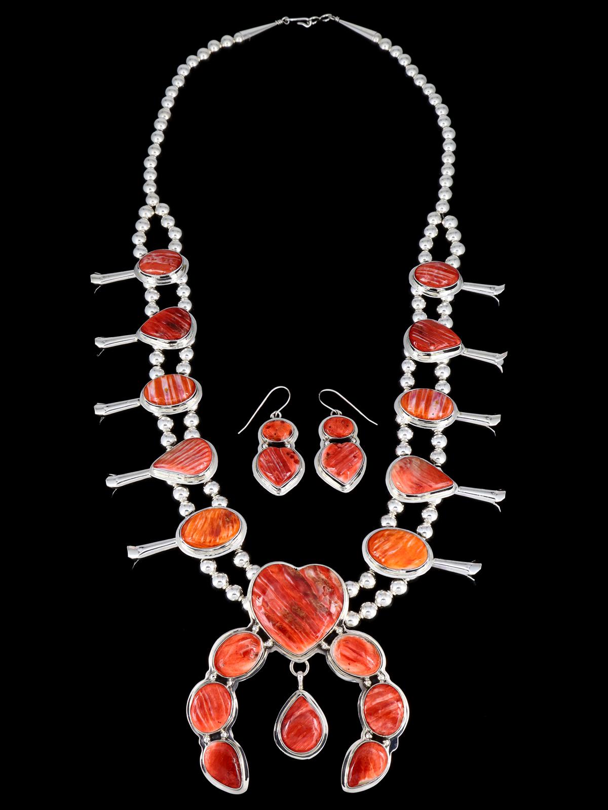 Juego de collar de flor de calabaza de ónix negro de plata de ley de nativos americanos