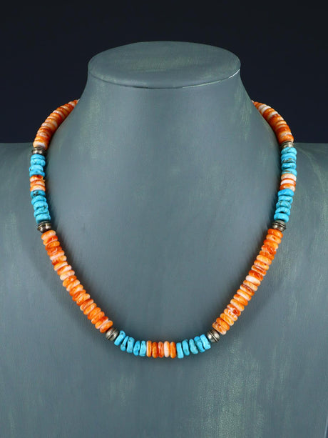 Native American Jewelry Single Strand Turquoise and Spiny Oyster Necklace - PuebloDirect.com