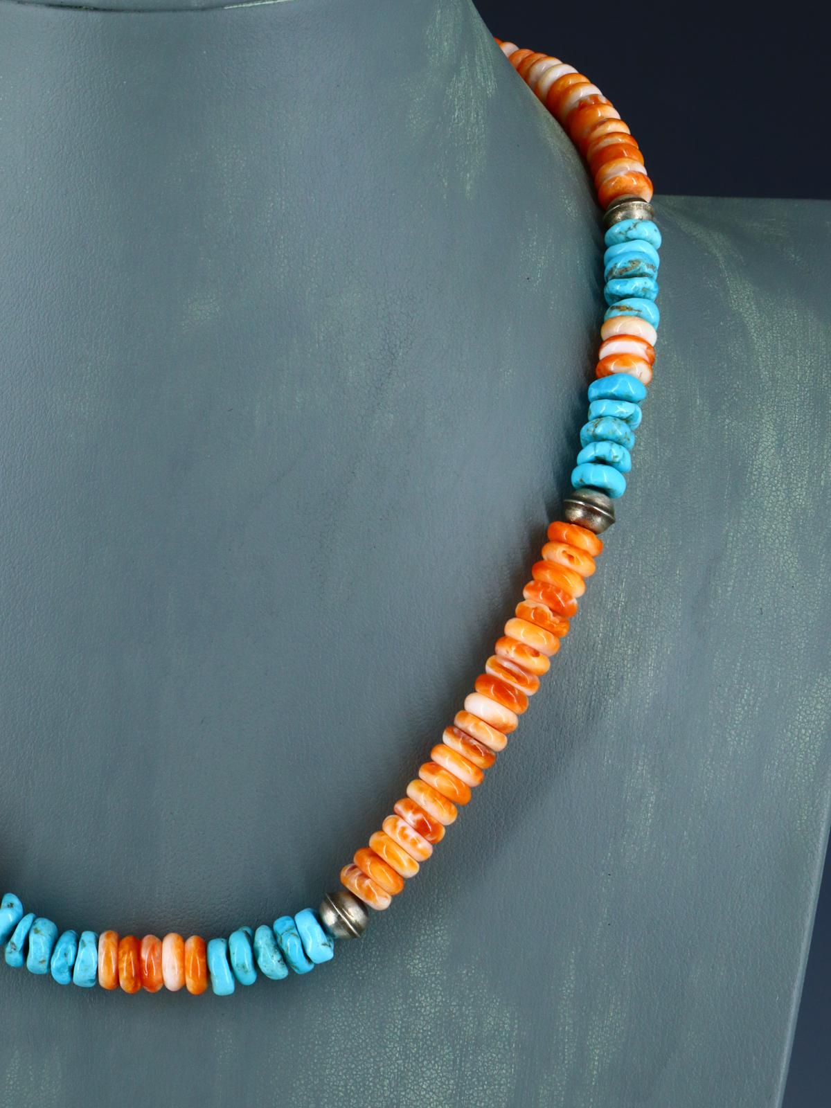 Native American Jewelry Single Strand Turquoise and Spiny Oyster Necklace - PuebloDirect.com