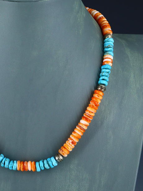 Native American Jewelry Single Strand Turquoise and Spiny Oyster Necklace - PuebloDirect.com