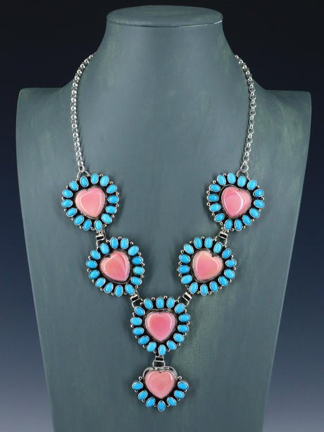 Navajo Jewelry Pink Conch Heart and Sleeping Beauty Turquoise Lariat Necklace