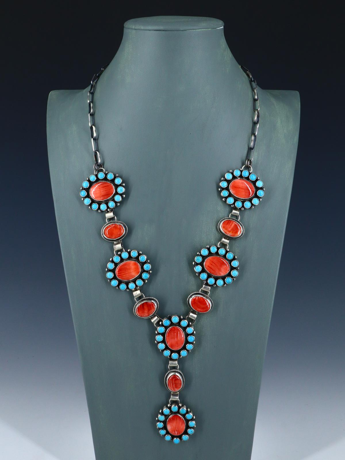 Navajo Jewelry Spiny Oyster and Sleeping Beauty Turquoise Lariat Necklace