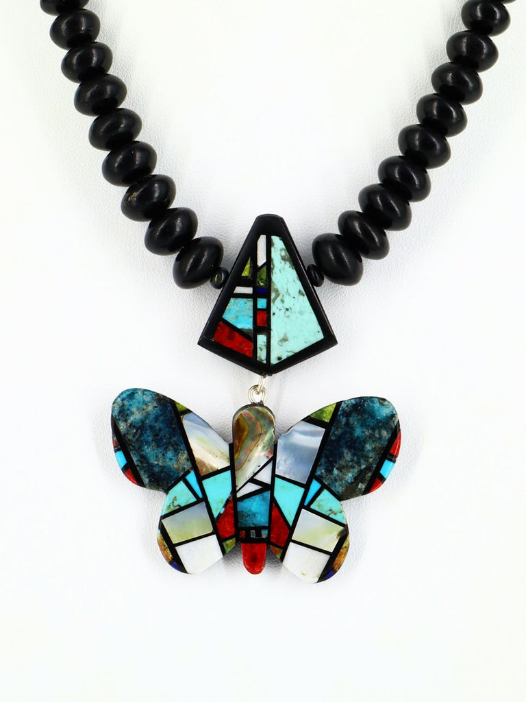 Native American Santo Domingo Black Jet Inlay Mosaic Butterfly Necklace - PuebloDirect.com