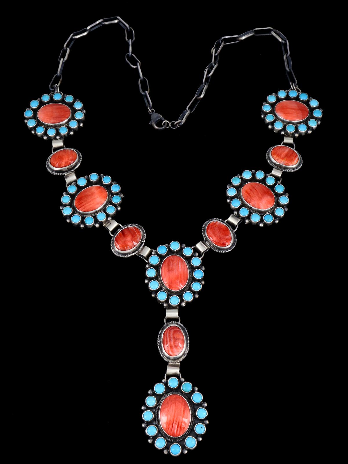 Navajo Jewelry Spiny Oyster and Sleeping Beauty Turquoise Lariat Necklace