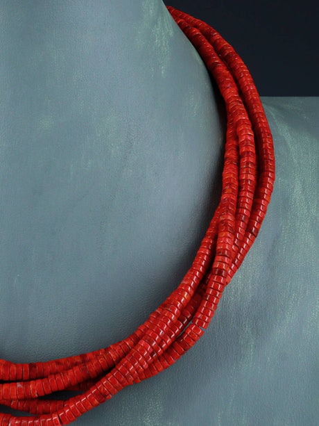 Native American Five Strand Apple Coral Necklace - PuebloDirect.com