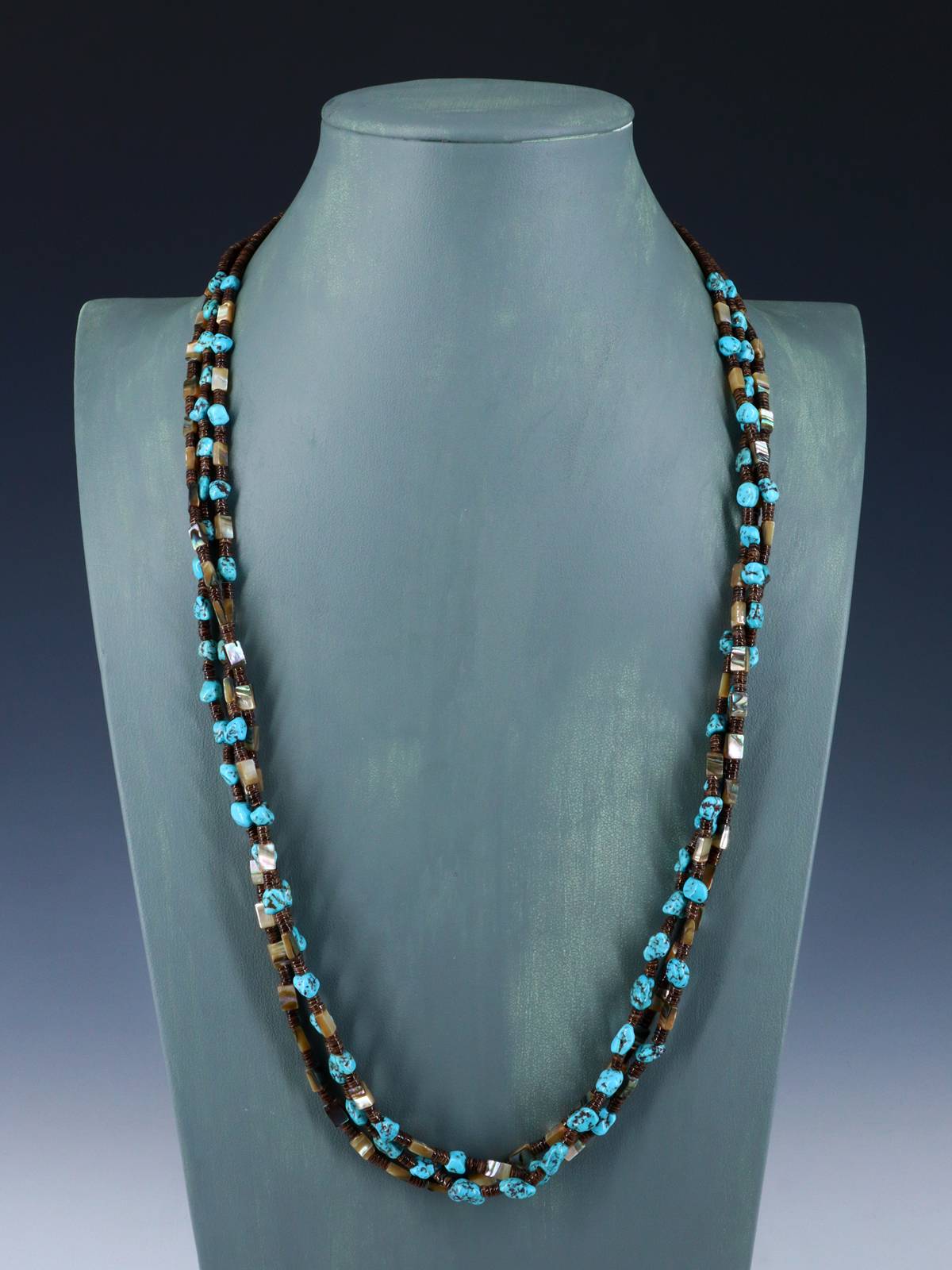 Native American Three Strand Turquoise and Abalone Necklace - PuebloDirect.com