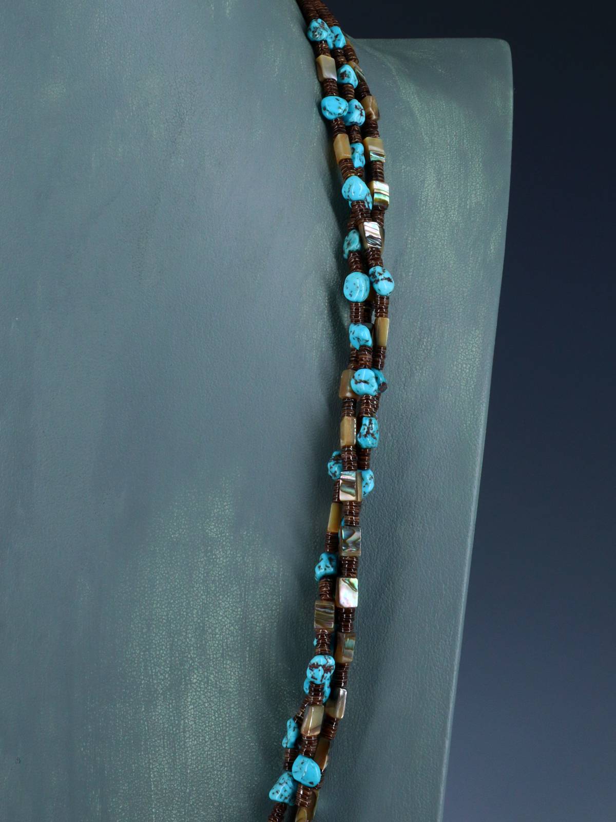 Native American Three Strand Turquoise and Abalone Necklace - PuebloDirect.com