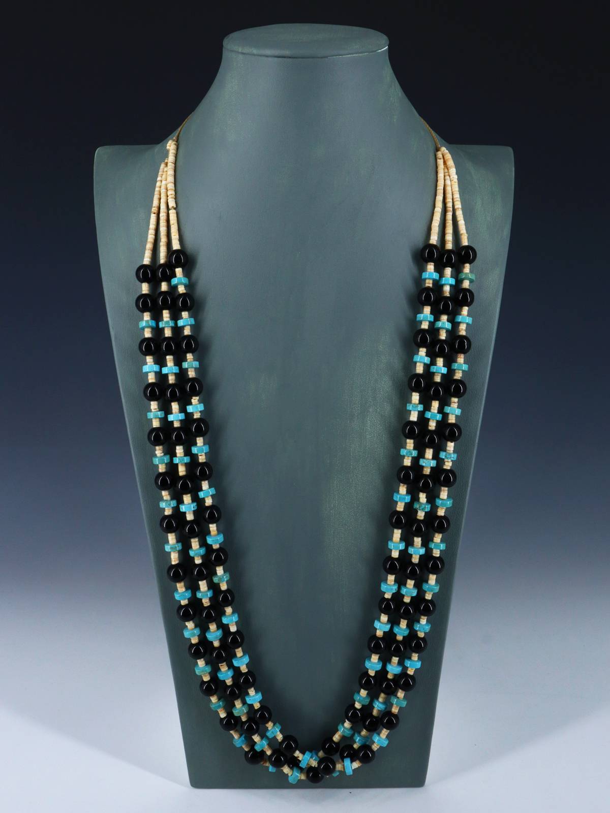 Native American Three Strand Black Onyx and Turquoise Necklace - PuebloDirect.com