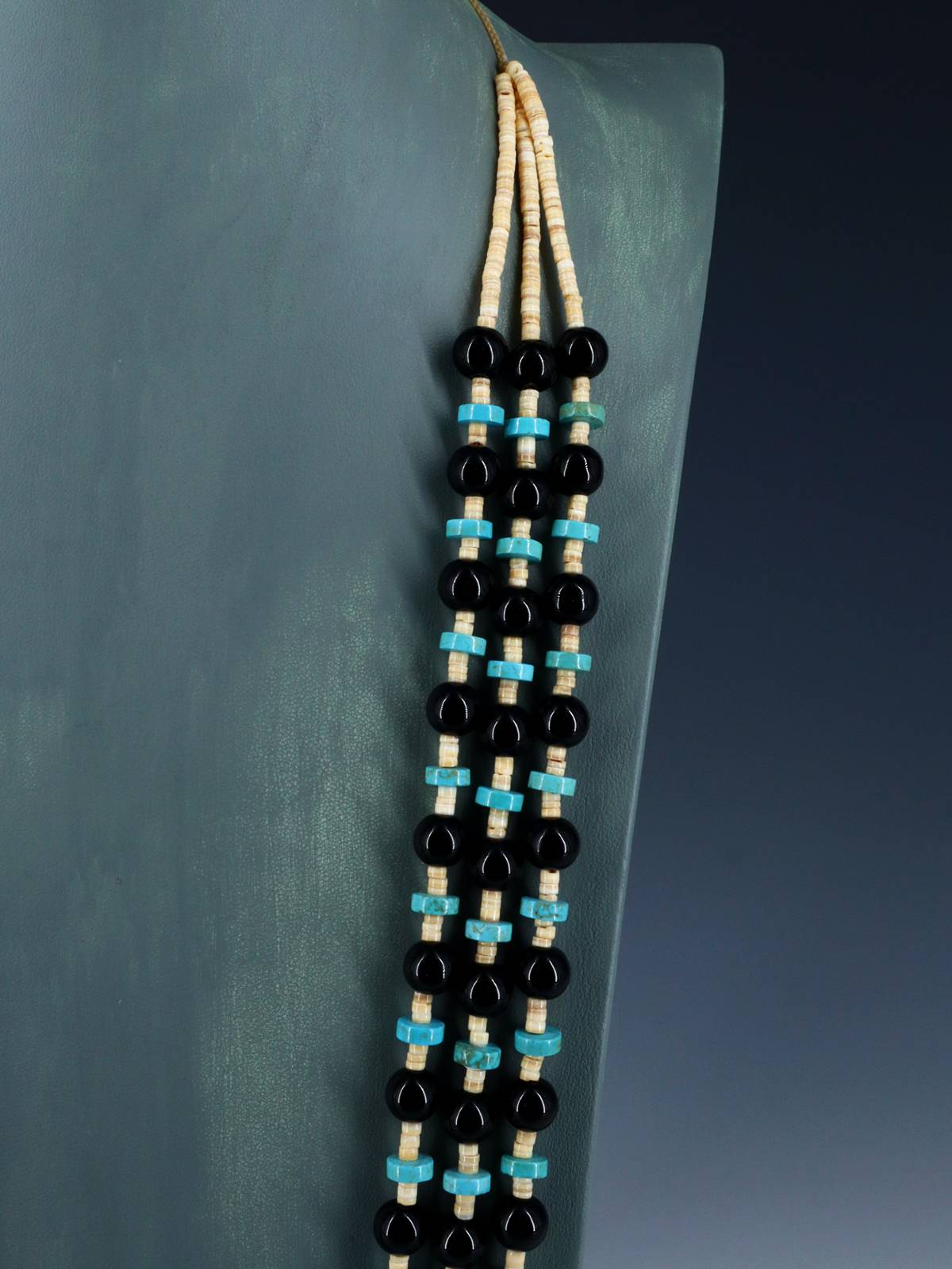 Native American Three Strand Black Onyx and Turquoise Necklace - PuebloDirect.com