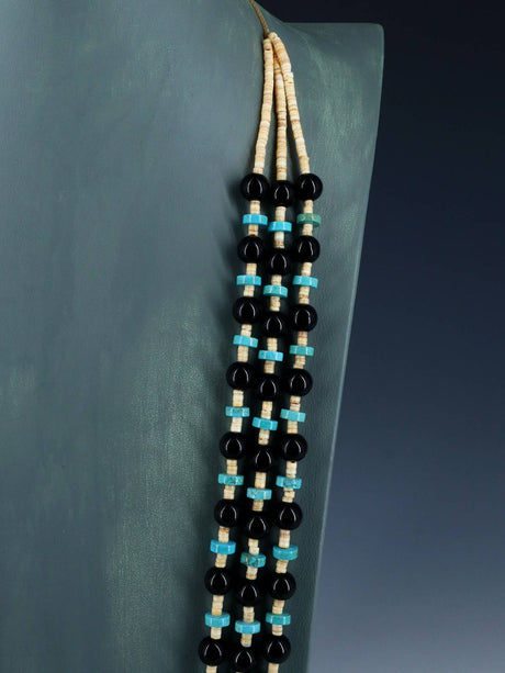 Native American Three Strand Black Onyx and Turquoise Necklace - PuebloDirect.com