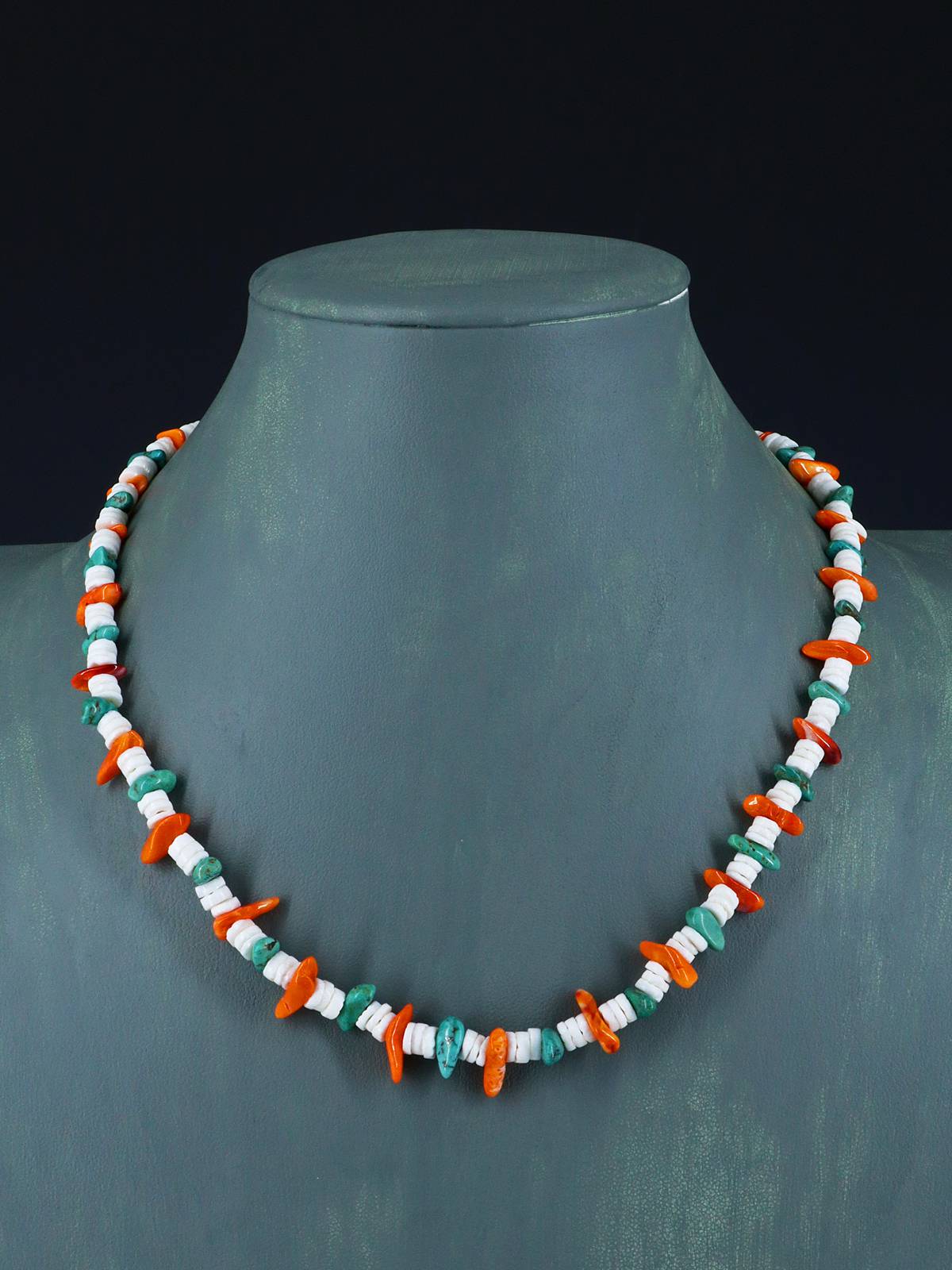 18" Native American Single Strand Turquoise, Spiny Oyster, and White Shell Heishi Necklace - PuebloDirect.com