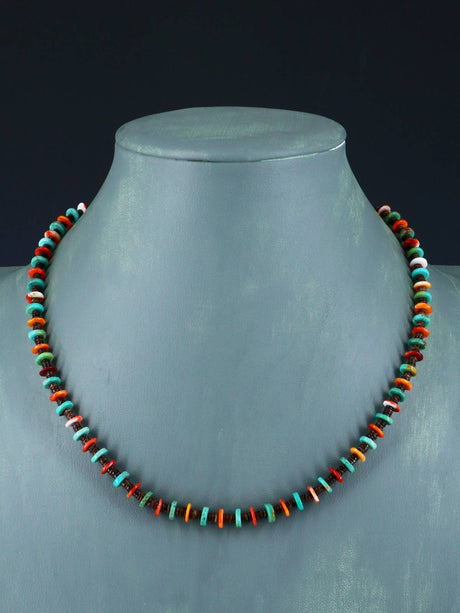 18" Native American Single Strand Turquoise, Spiny Oyster, and Heishi Necklace - PuebloDirect.com