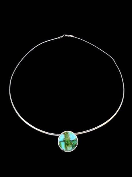 Navajo Jewelry Sterling Silver Sonoran Gold Turquoise Inlay Necklace - PuebloDirect.com