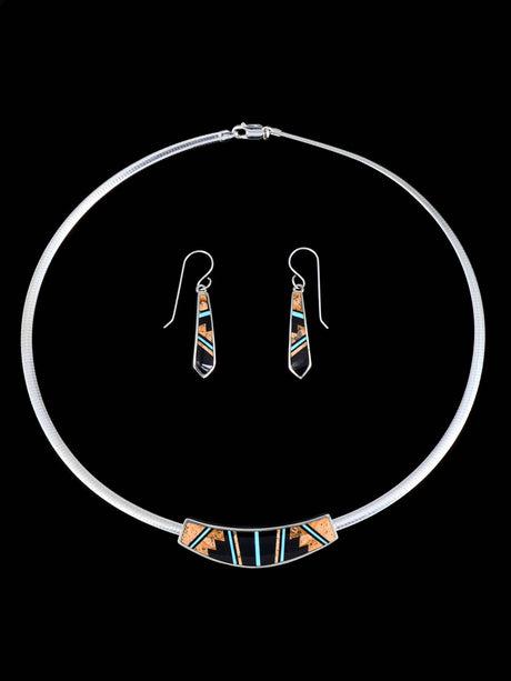 Native American Jewelry Onyx and Turquoise Inlay Necklace Set - PuebloDirect.com