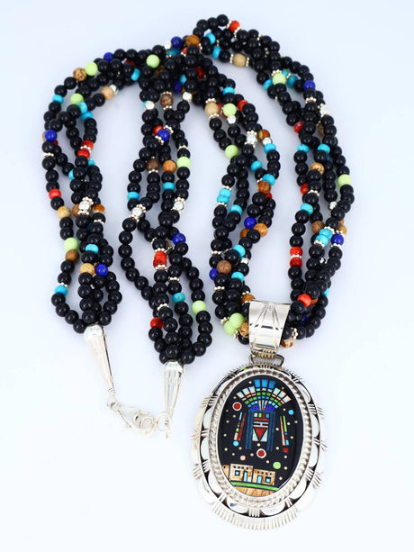 Native American Night Sky Inlay Yei Pendant with Beaded Necklace - PuebloDirect.com