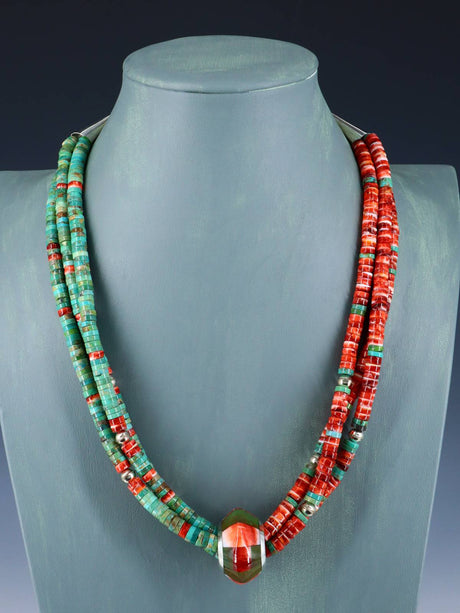 Santo Domingo Spiny Oyster and Turquoise Spinner Necklace - PuebloDirect.com