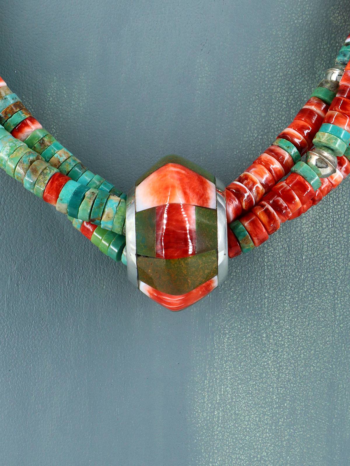 Santo Domingo Spiny Oyster and Turquoise Spinner Necklace - PuebloDirect.com