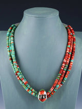 Santo Domingo Spiny Oyster and Turquoise Spinner Necklace - PuebloDirect.com
