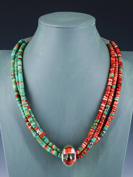 Santo Domingo Spiny Oyster and Turquoise Spinner Necklace - PuebloDirect.com