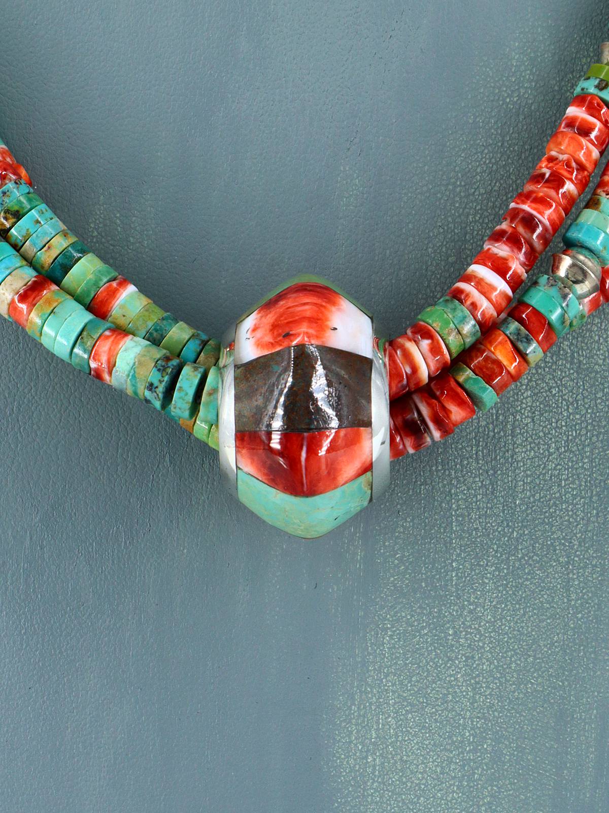 Santo Domingo Spiny Oyster and Turquoise Spinner Necklace - PuebloDirect.com