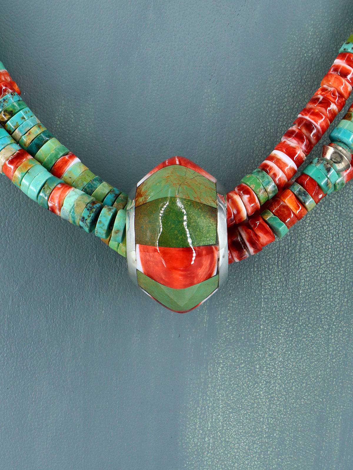 Santo Domingo Spiny Oyster and Turquoise Spinner Necklace - PuebloDirect.com