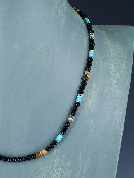 Native American Jewelry Onyx and Turquoise Beaded Necklace