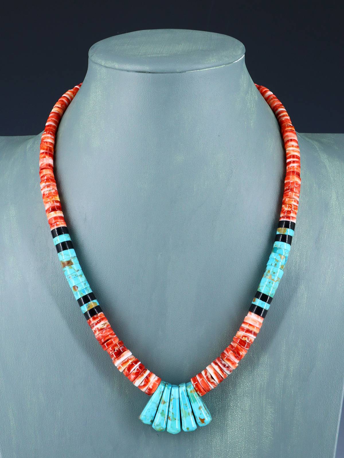 Native American Jewelry Single Strand Spiny Oyster and Turquoise Necklace