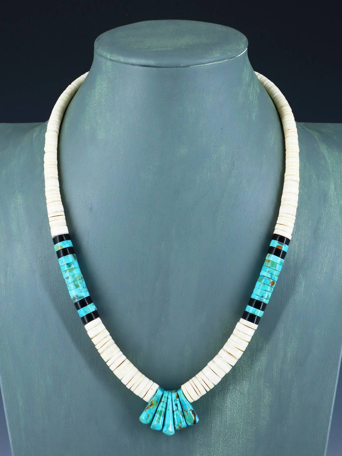 Native American Jewelry Single Strand Shell Heishi and Turquoise Necklace