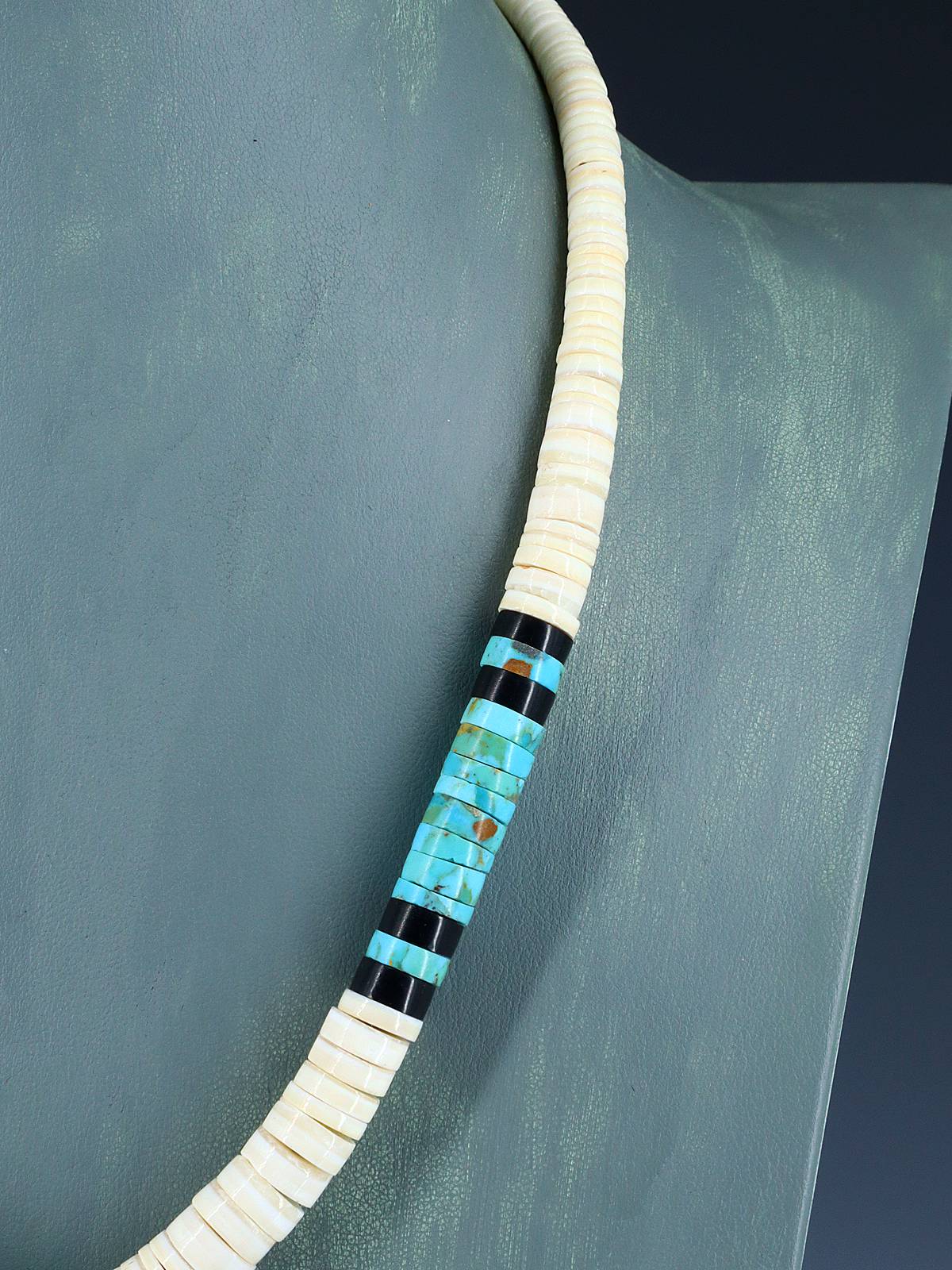 Native American Jewelry Single Strand Shell Heishi and Turquoise Necklace