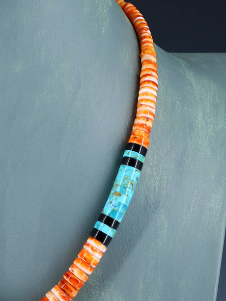 Native American Jewelry Single Strand Spiny Oyster and Turquoise Necklace