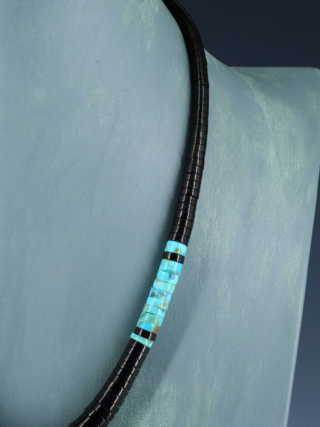 Native American Santo Domingo Turquoise and Jet Necklace
