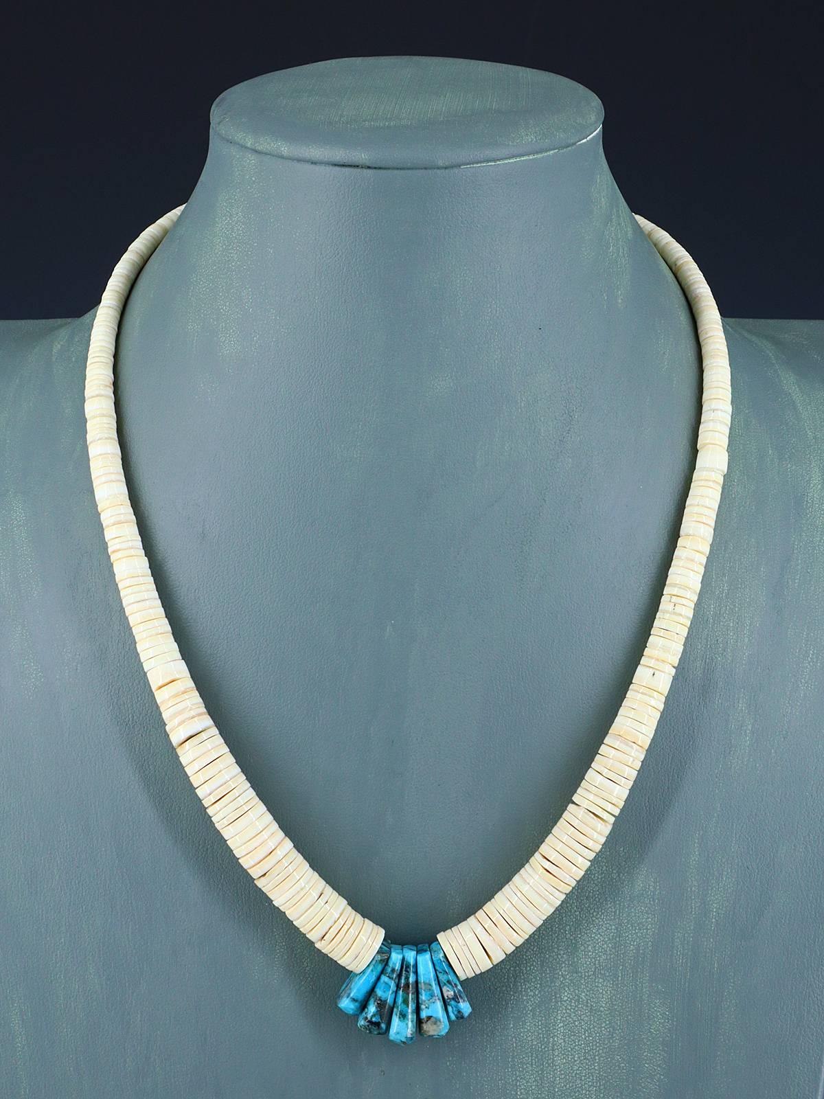 Native American Jewelry Single Strand Shell Heishi and Turquoise Necklace